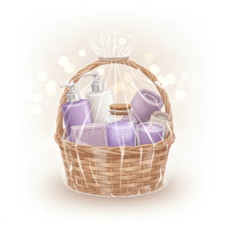 Representative wicker basket filled with lavender-toned bath products and a rolled towel