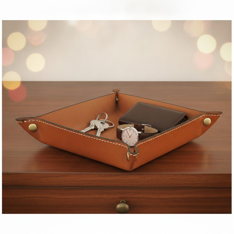 Representative leather valet tray holding keys, a watch, and a wallet on a dresser
