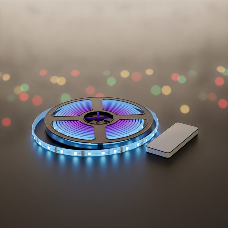 Representative bedroom wall glowing purple from a colour-changing LED light strip