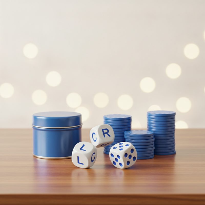 Representative dice game with printed dice and playing chips on a table