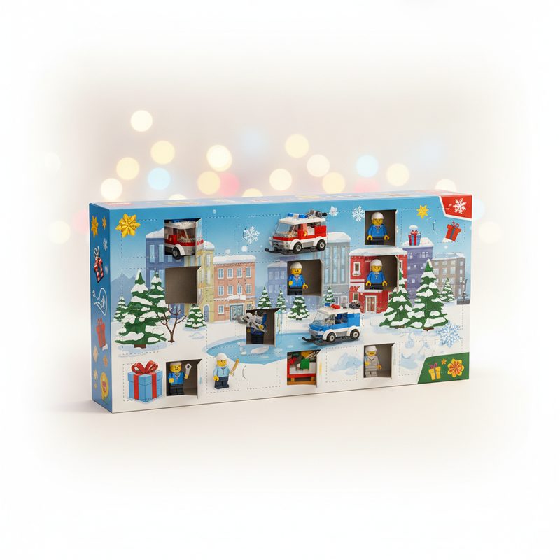 Representative colourful countdown box with tiny brick-built vehicles and minifigures arranged in a winter scene