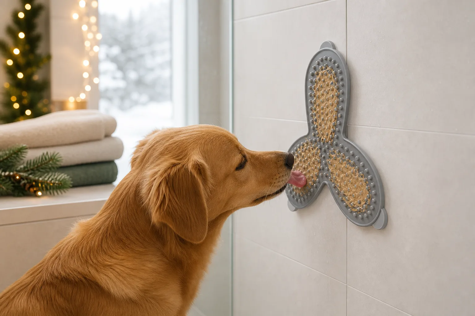 Representative three-wing silicone dog lick mat attached to smooth shower tile for bath time