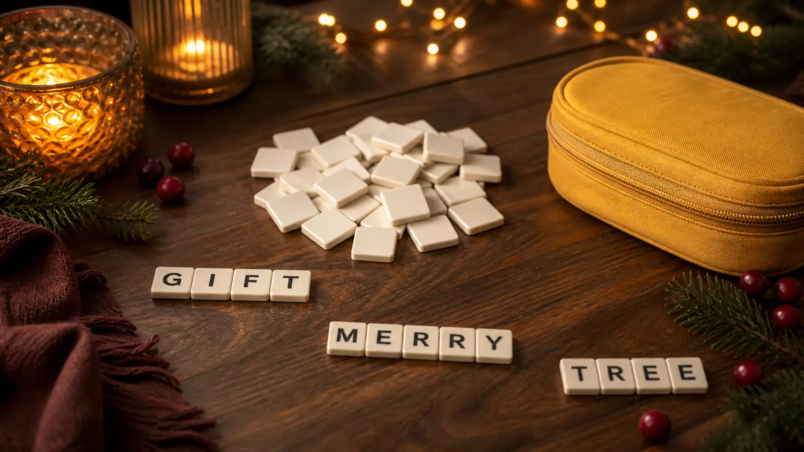 Representative letter tiles spelling festive words beside a plain yellow travel pouch on a holiday table