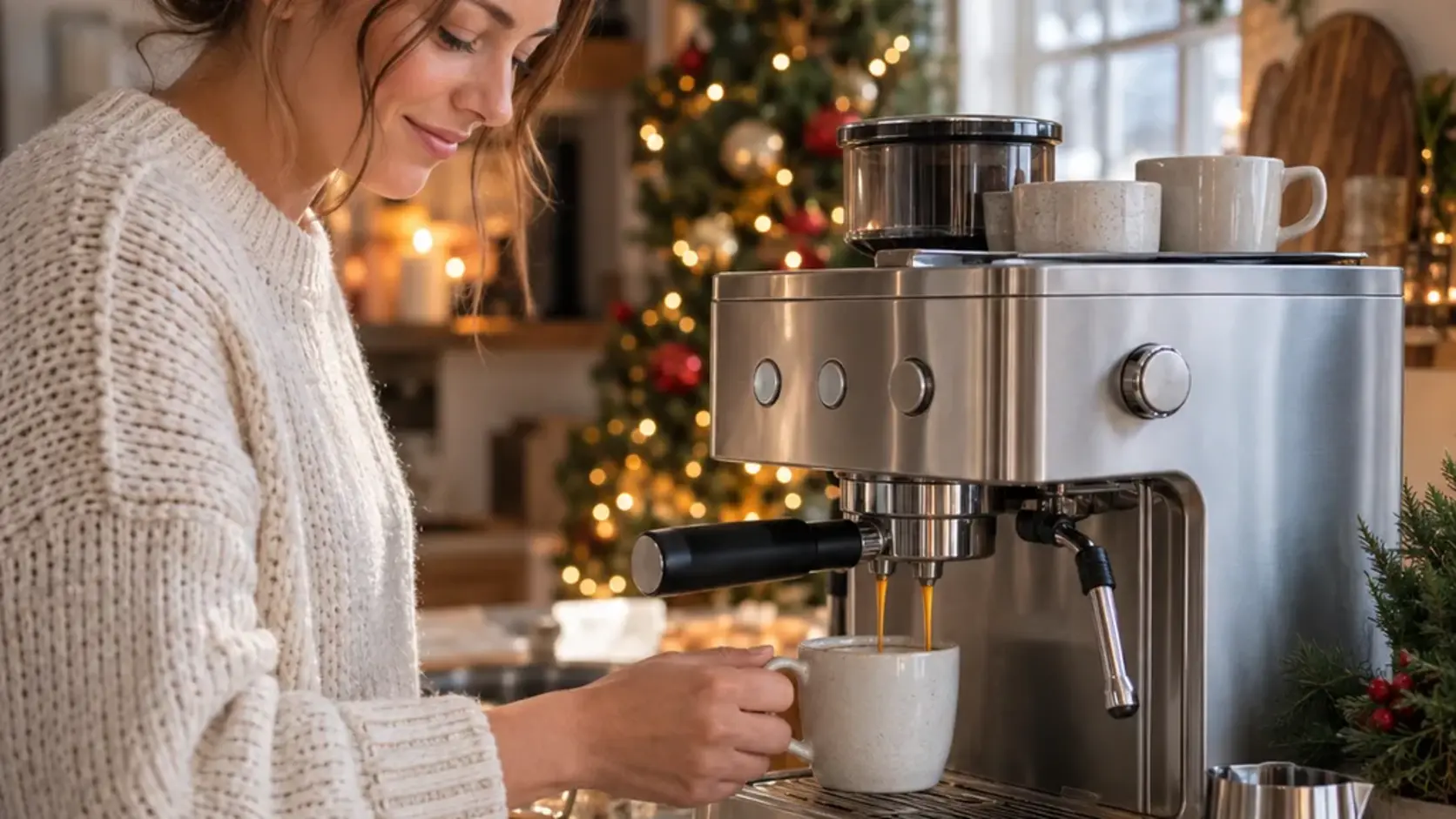 Representative octagonal stovetop coffee pot on a gas burner with morning light and two small cups