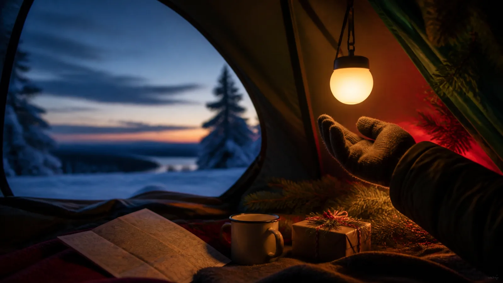 Representative palm-size camping lantern casting warm coloured light inside a festive winter tent
