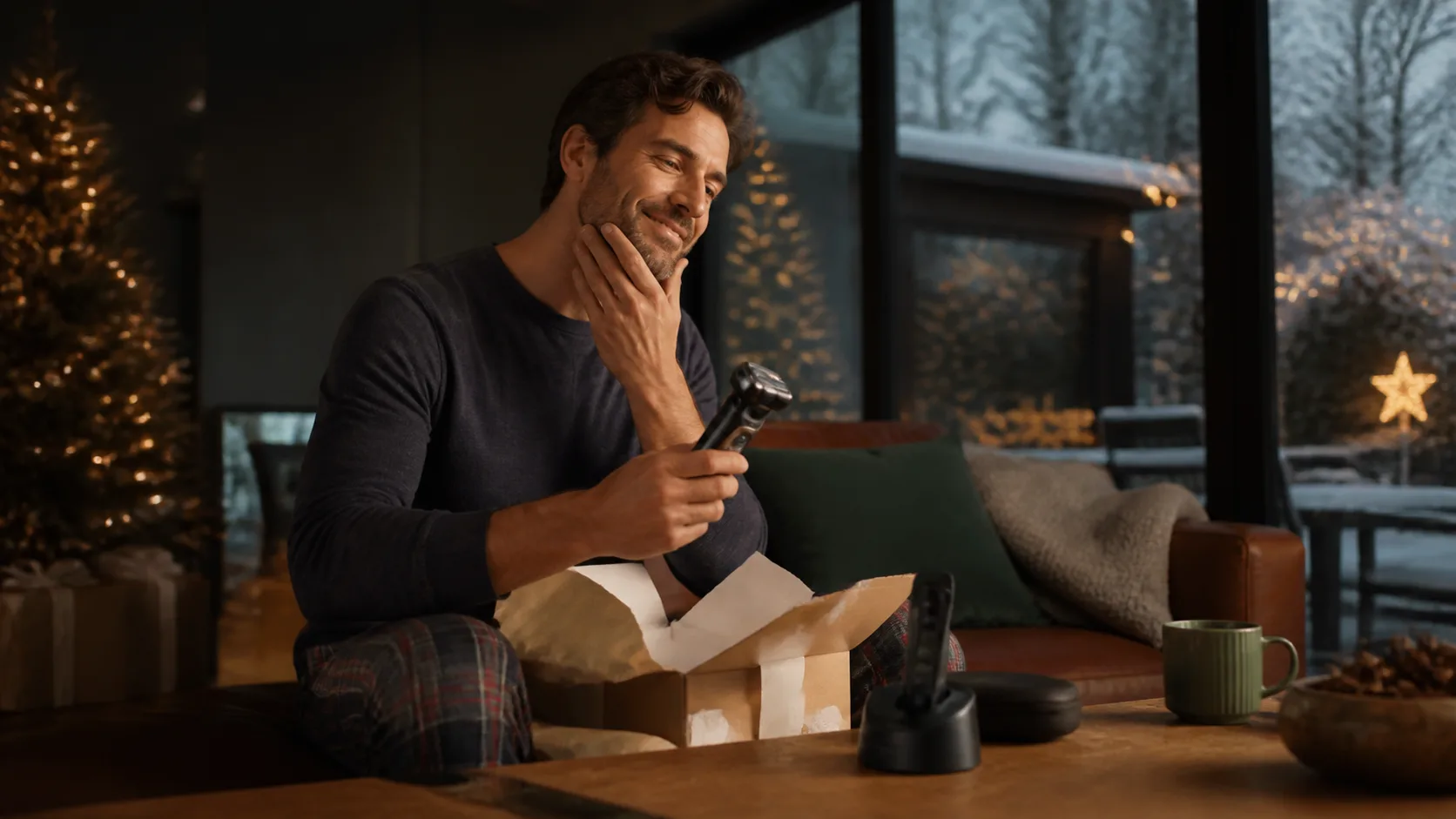 Representative premium electric shaver displayed beside its charging stand