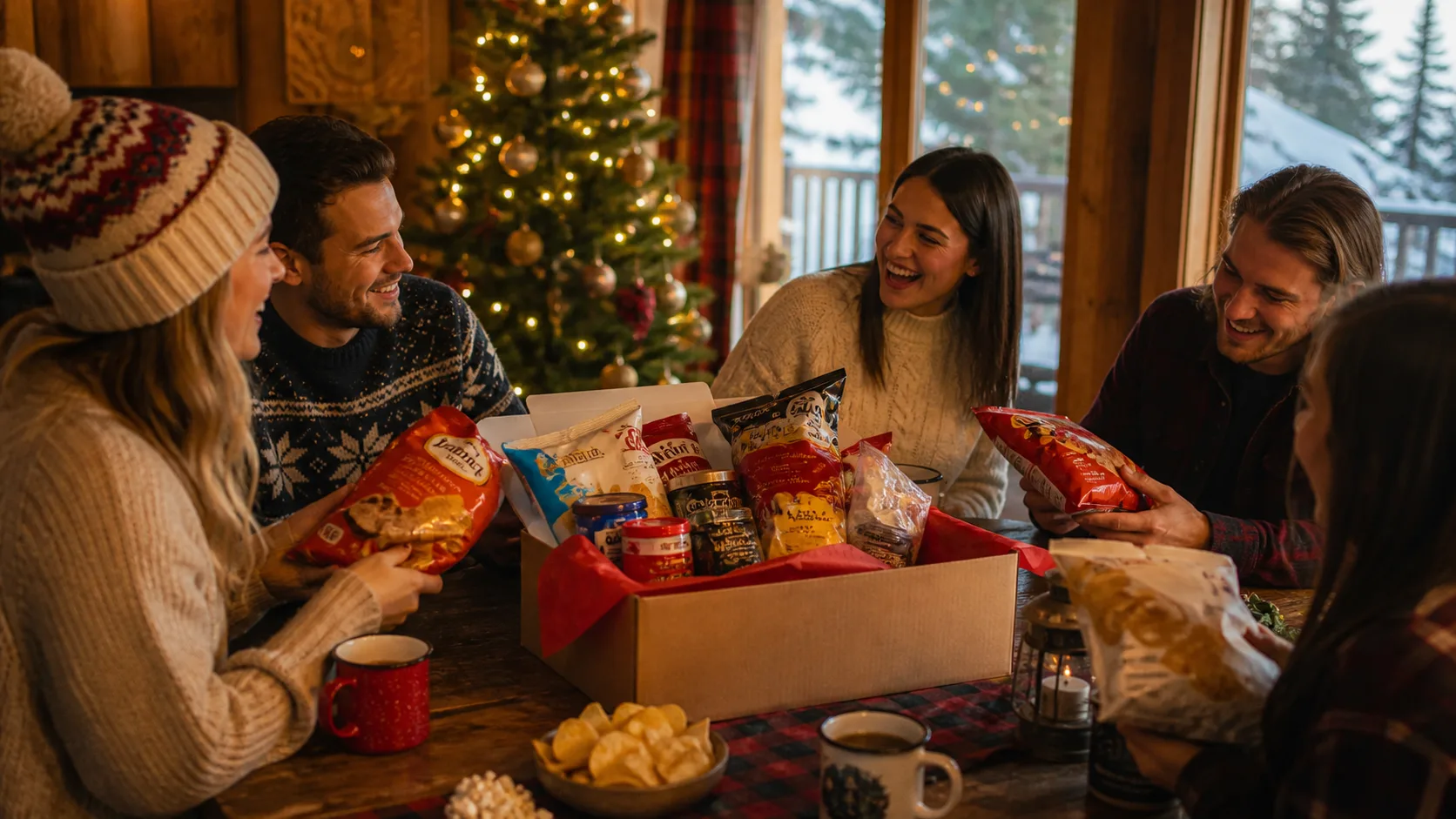 Representative gift box overflowing with Canadian snacks and chip bags