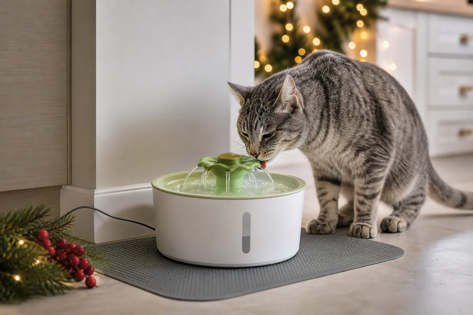Representative green-and-white flower-style cat water fountain with a cat drinking indoors