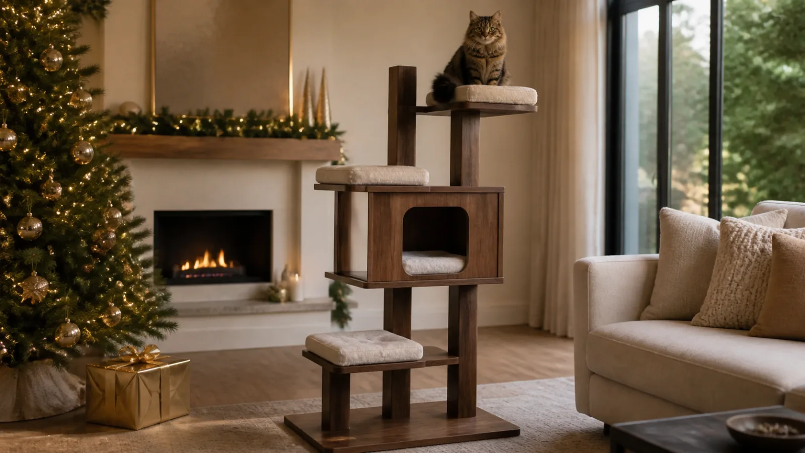 Representative walnut cat tower beside a gold Christmas gift