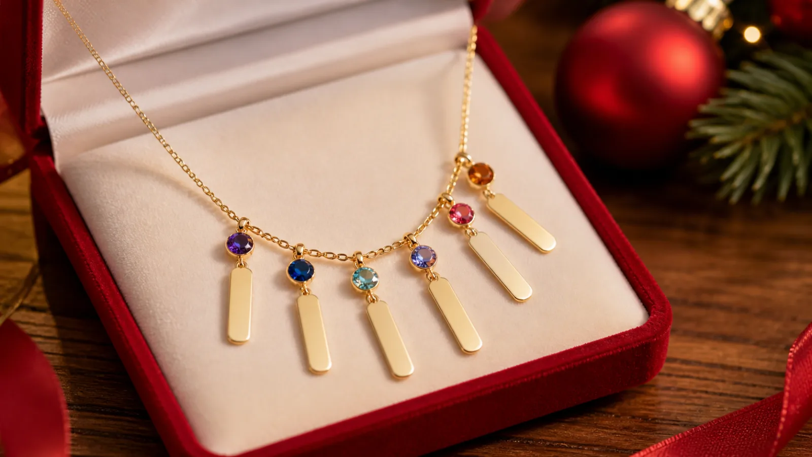 Representative multi-birthstone name necklace in a red holiday jewelry box