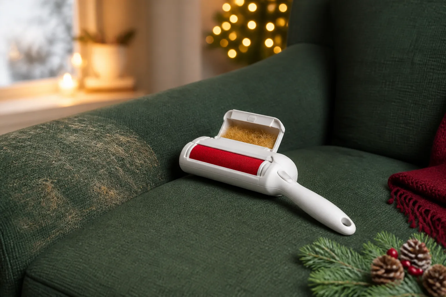 Representative white reusable pet-hair roller beside collected fur on a green fabric sofa
