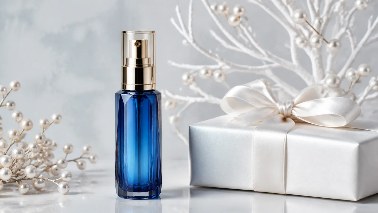 Representative faceted blue serum bottle beside a pearl Christmas ornament