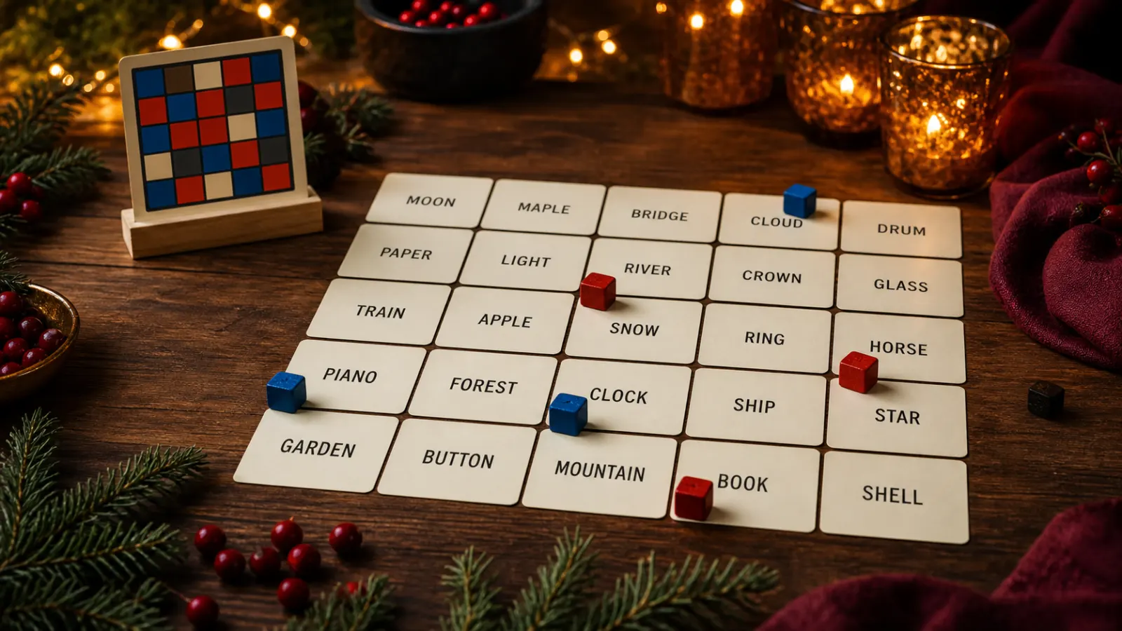Representative word cards in a five-by-five grid with generic team markers on a festive party table