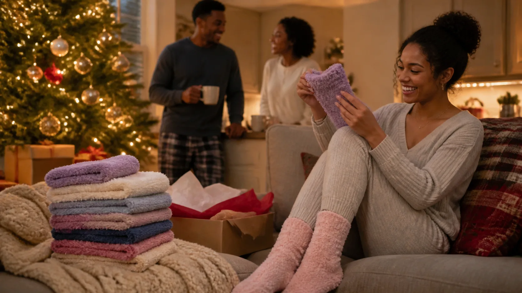 Representative folded stack of plush fuzzy socks in soft winter colours