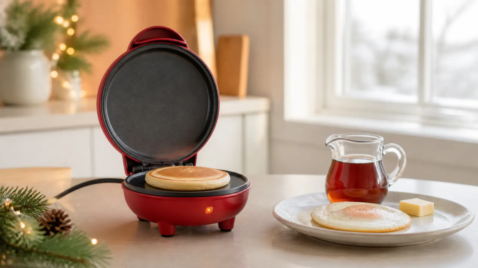 Representative compact round electric griddle cooking one small golden pancake on a festive breakfast counter