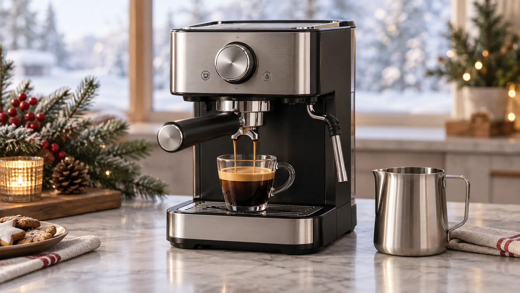 Representative compact black espresso machine pulling a shot on a small apartment counter