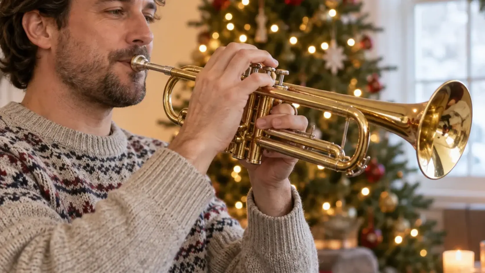 Representative trumpet resting on a music stand with a silver straight mute beside it in a rehearsal room