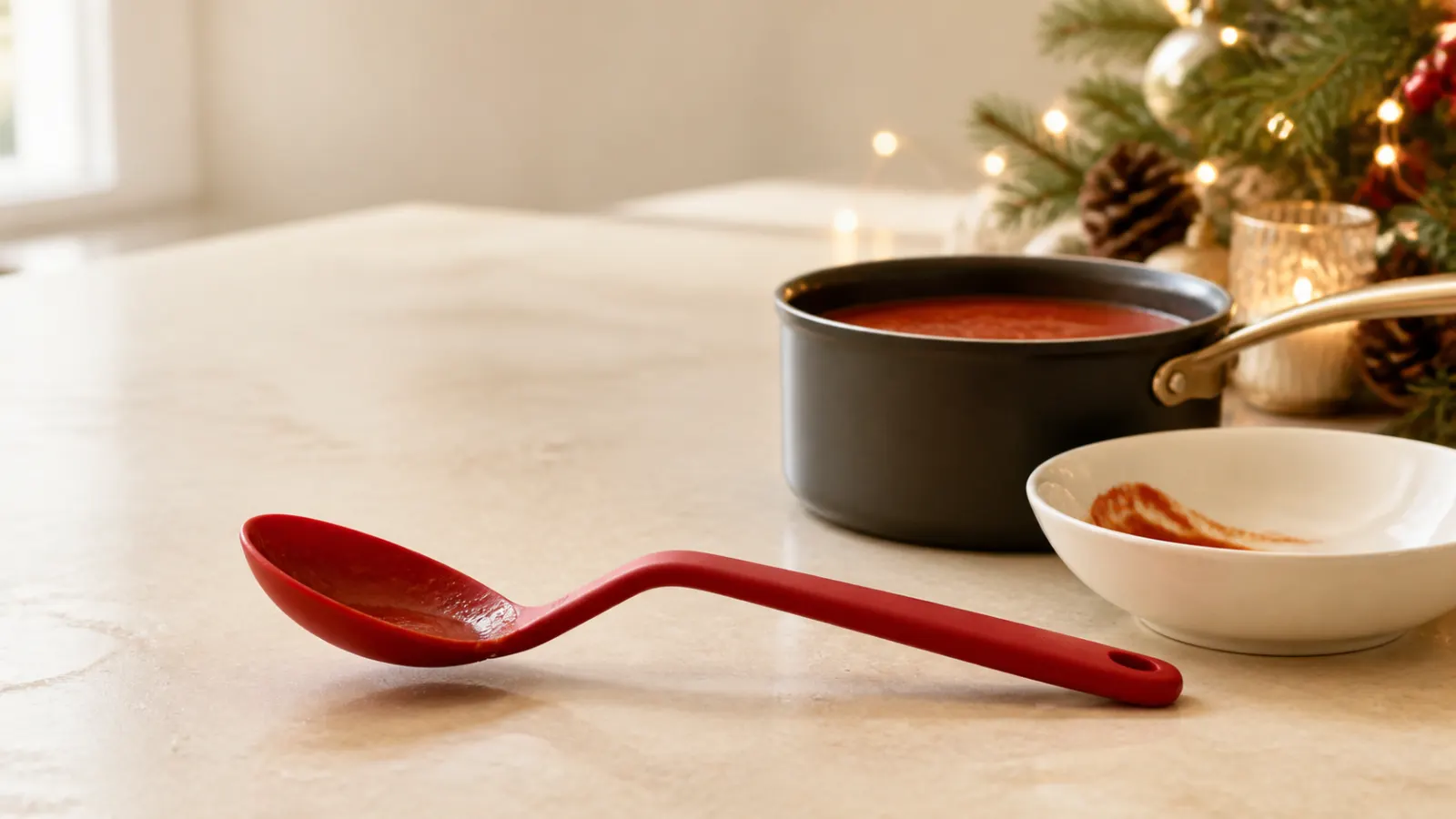Representative colourful silicone scraping spoon resting with its bowl raised above a kitchen counter beside a saucepan