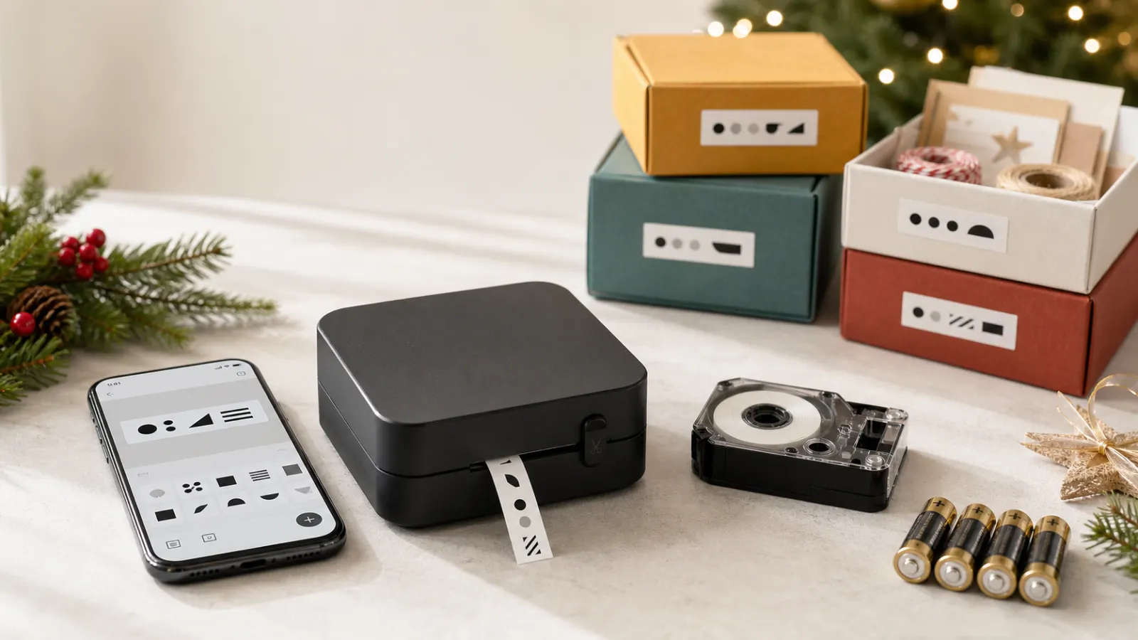 Representative compact black phone-connected label maker organizing colourful craft storage boxes