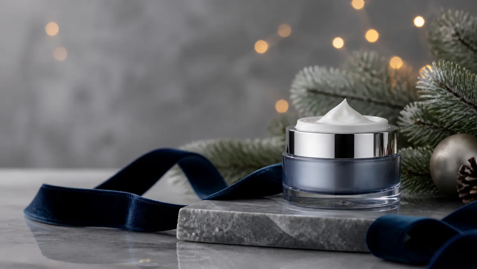 Representative silver skincare jar beside a navy Christmas gift box