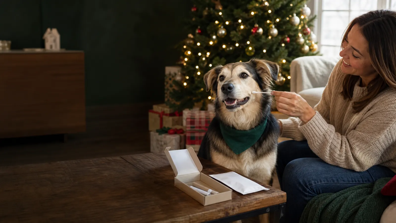 Representative mixed-breed dog receiving a gentle cheek swab beside an unbranded Christmas gift kit