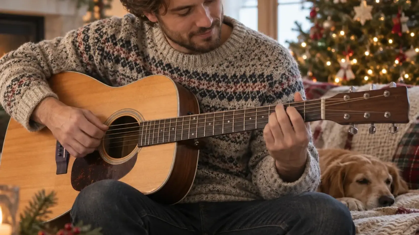 Representative guitarist restringing an electric guitar on a couch beside a Christmas tree