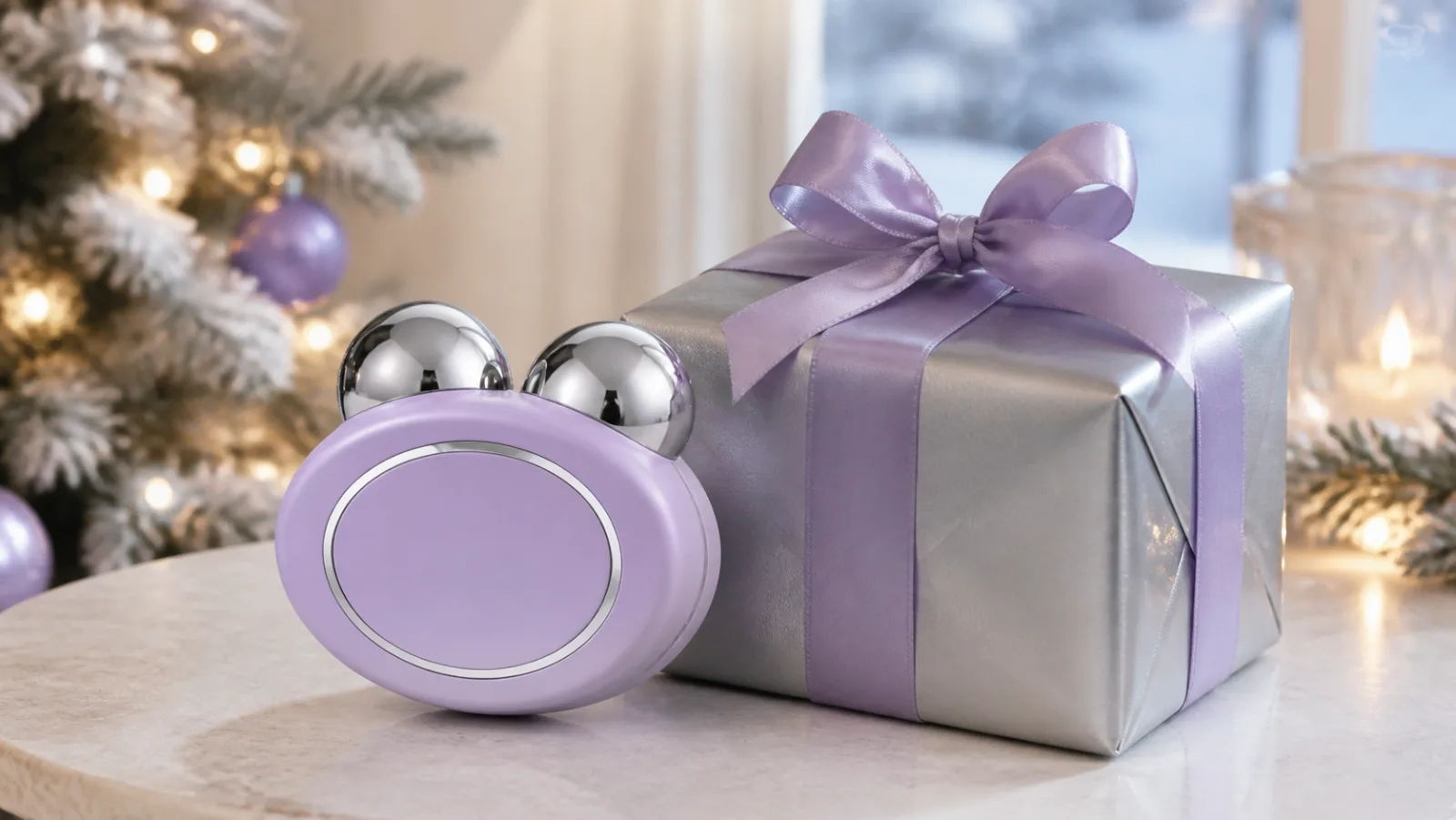 Representative lavender microcurrent facial device beside a silver Christmas gift box