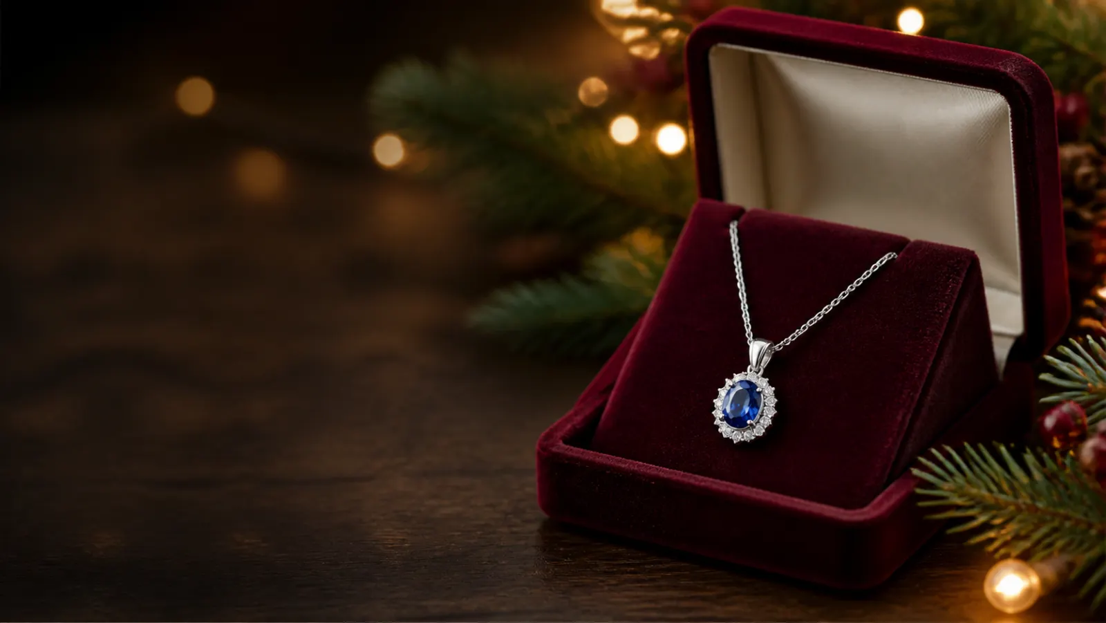 Representative blue oval birthstone pendant in a burgundy Christmas jewelry box