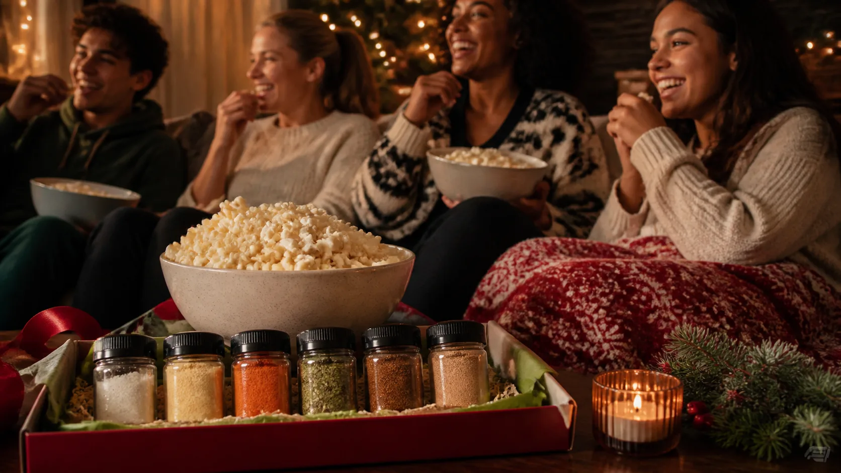 Representative row of seasoning shakers beside a full bowl of popcorn