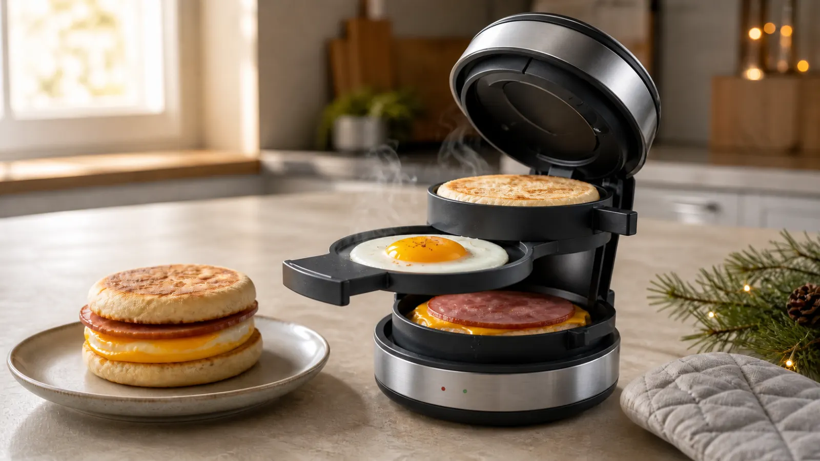 Representative compact breakfast sandwich appliance beside a layered egg and cheese English muffin