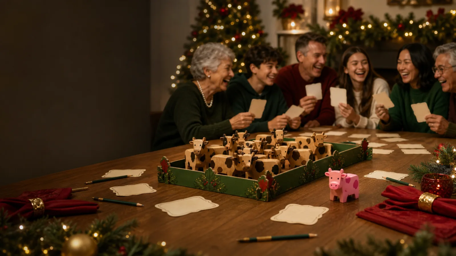 Representative answer cards, cow tokens and a small pink cow on a festive family game table