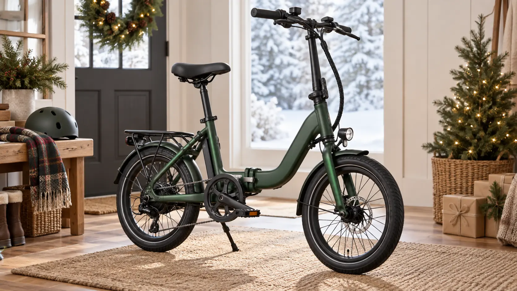 Representative rider unfolding a compact electric bike beside a snowy driveway