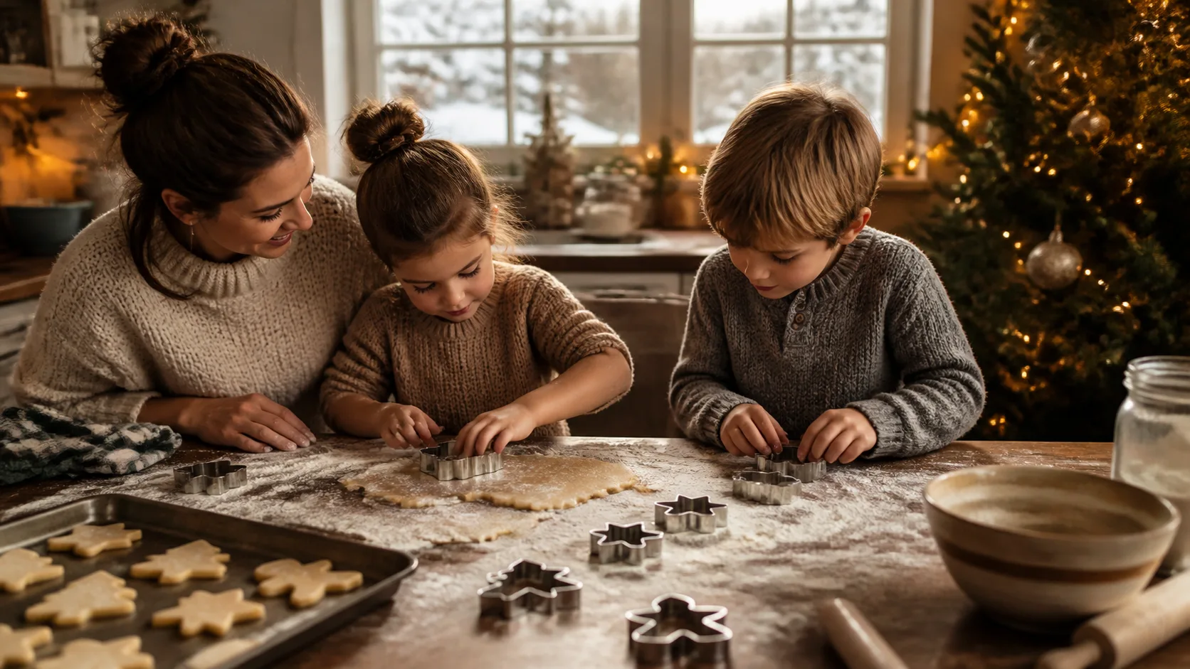 Representative metal holiday cookie cutters scattered on a floured counter