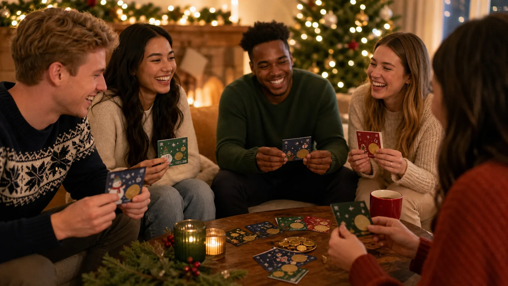 Representative fanned stack of festive scratch cards with foil panels and a coin nearby