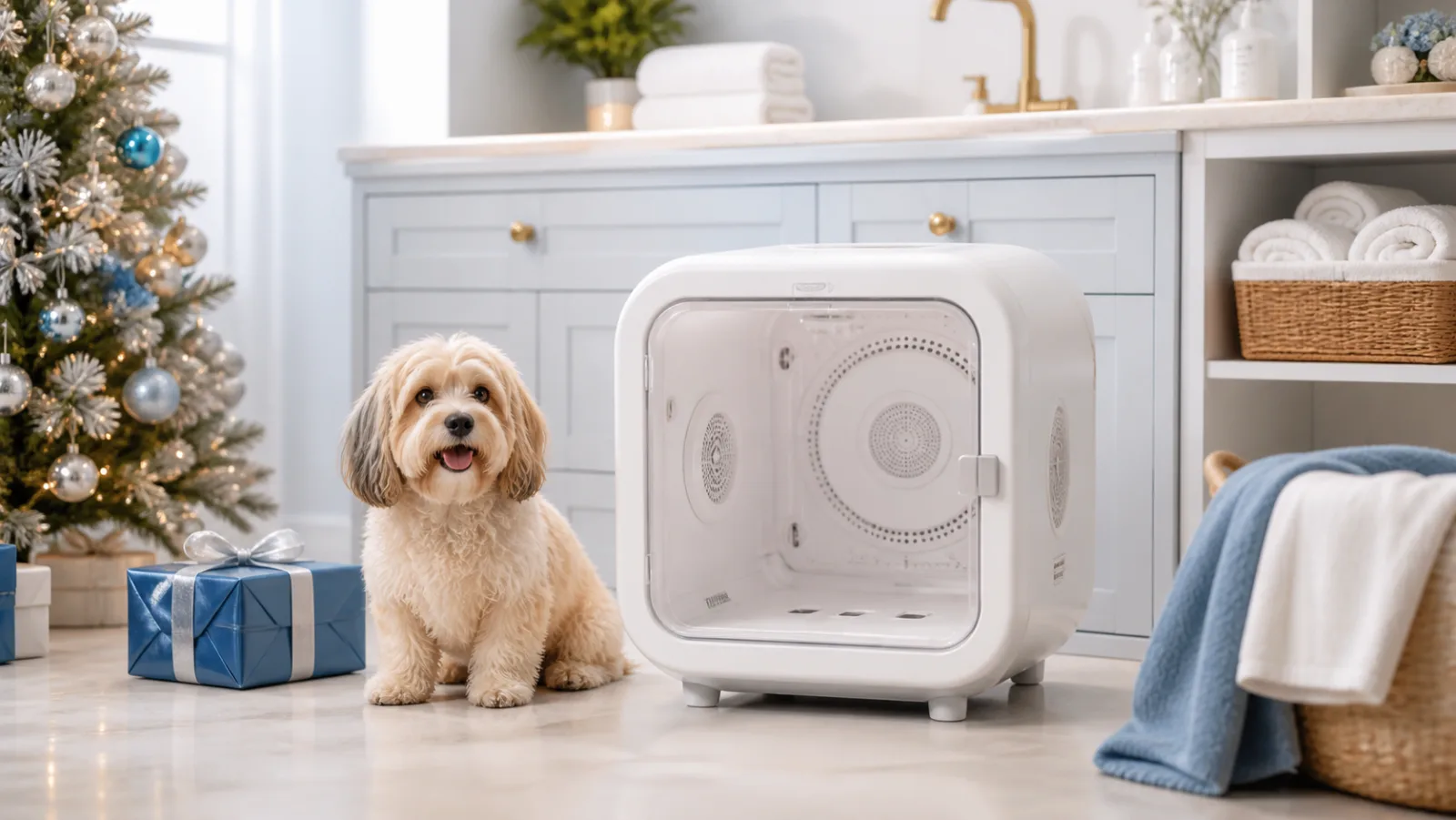 Representative white pet drying chamber beside a blue Christmas gift