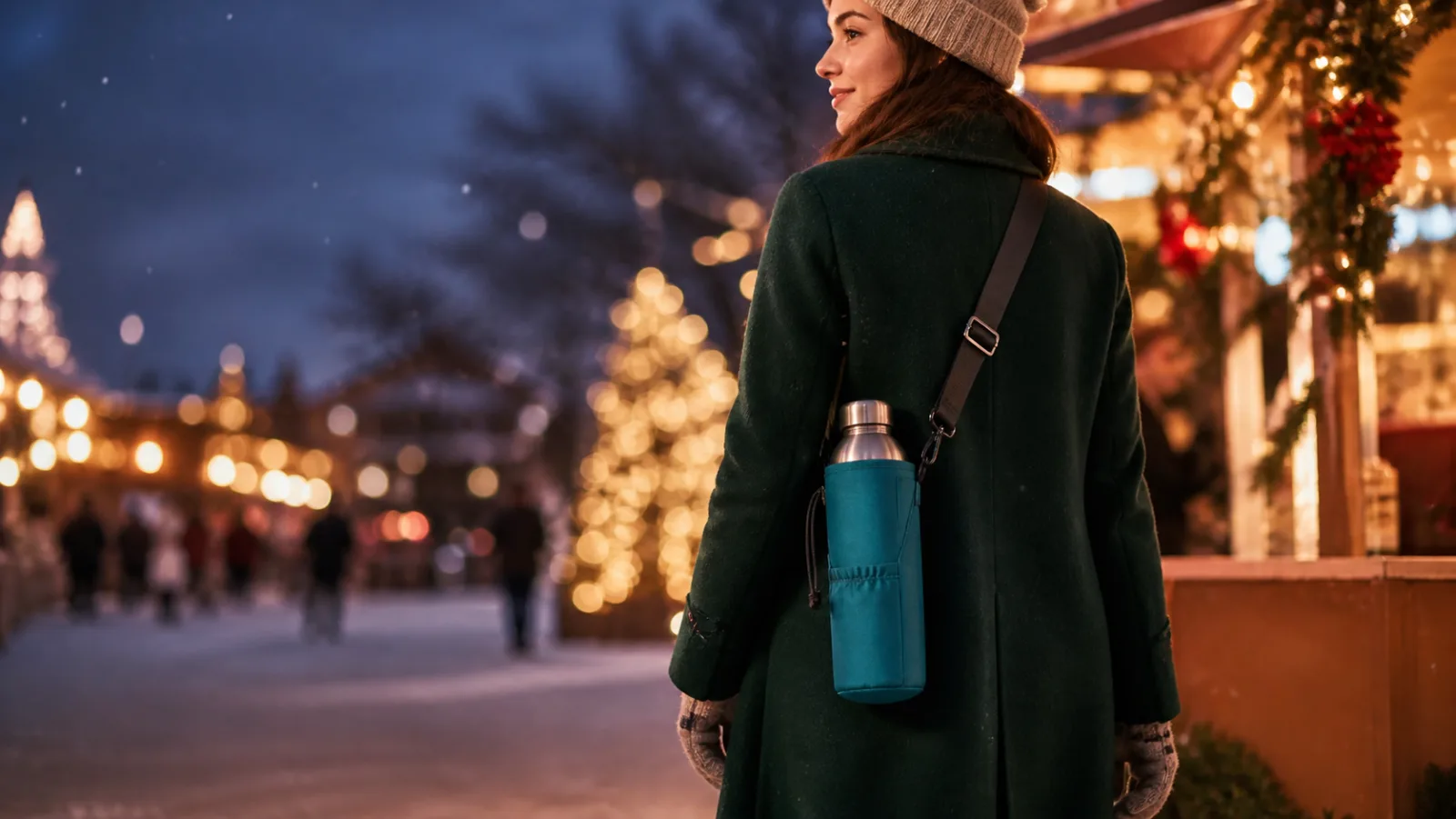 Representative teal bottle sling carrying a slim water bottle on a snowy holiday market walk