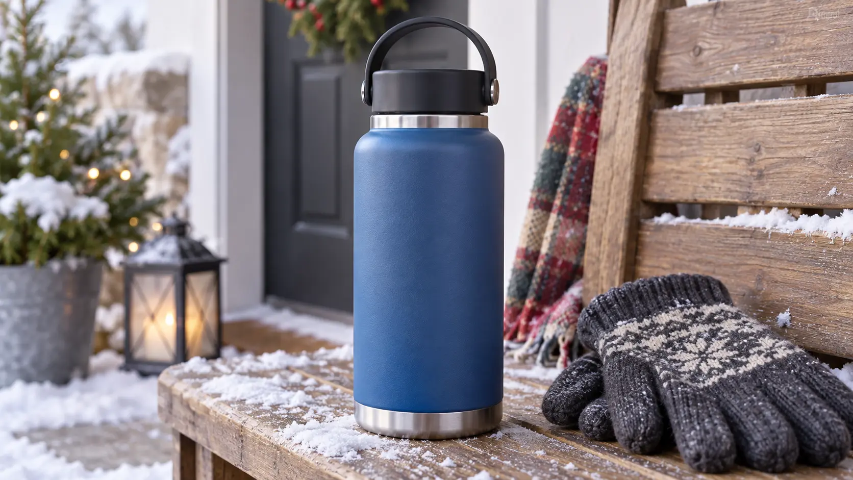 Representative pastel insulated bottle clipped to a backpack on a snowy trail