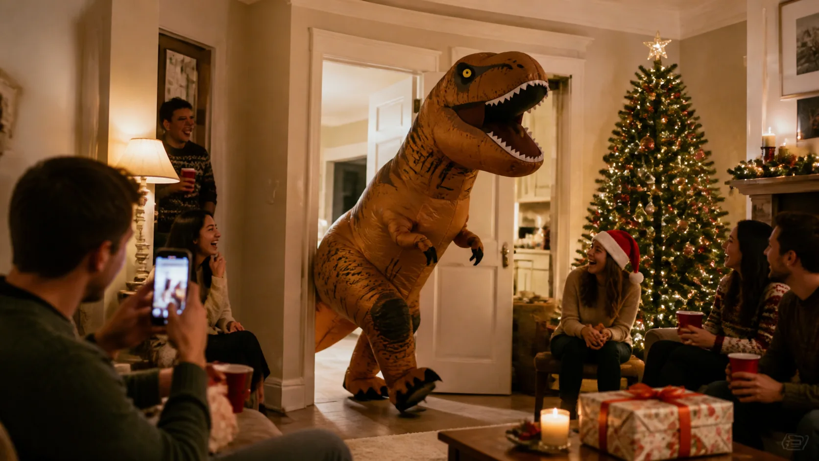 Representative inflatable dinosaur costume mid-stomp at a living room party