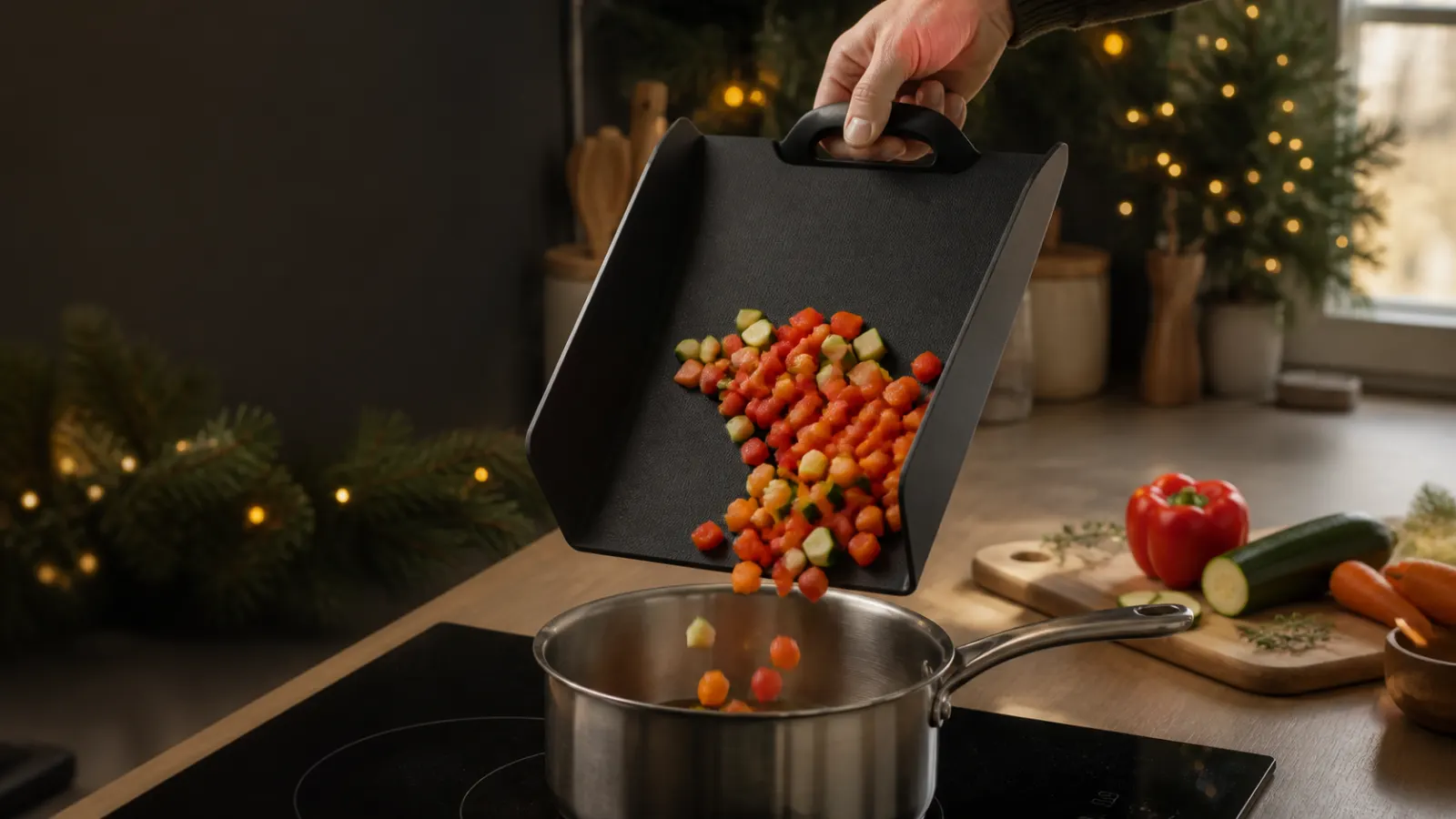 Representative black folding cutting board pouring chopped vegetables into a saucepan