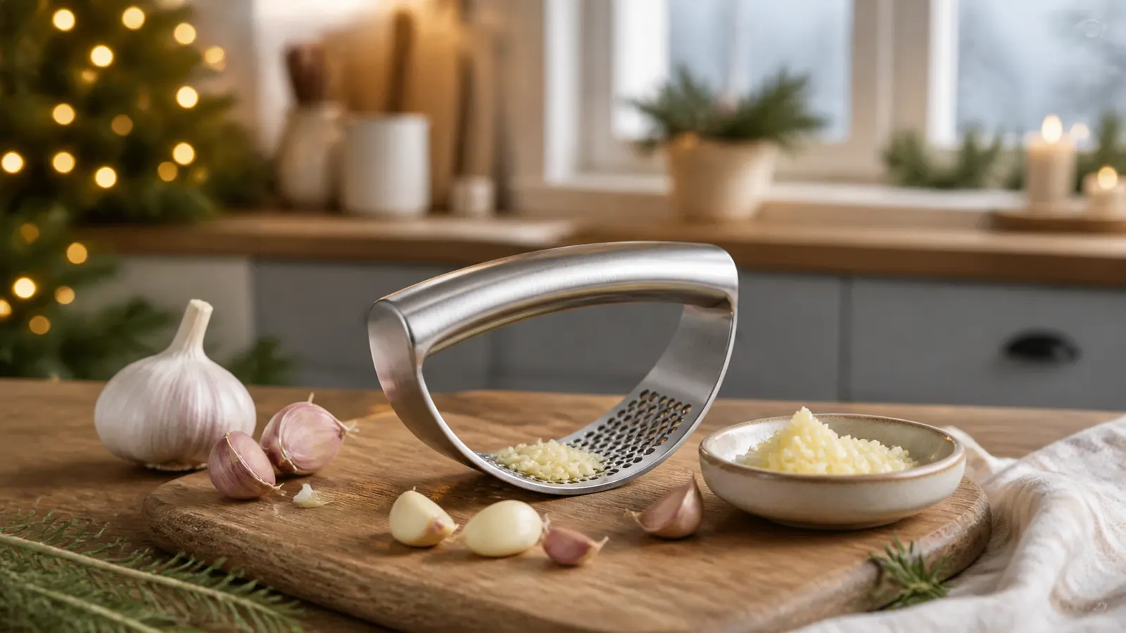 Representative stainless rocking garlic crusher with cloves on a wooden cutting board