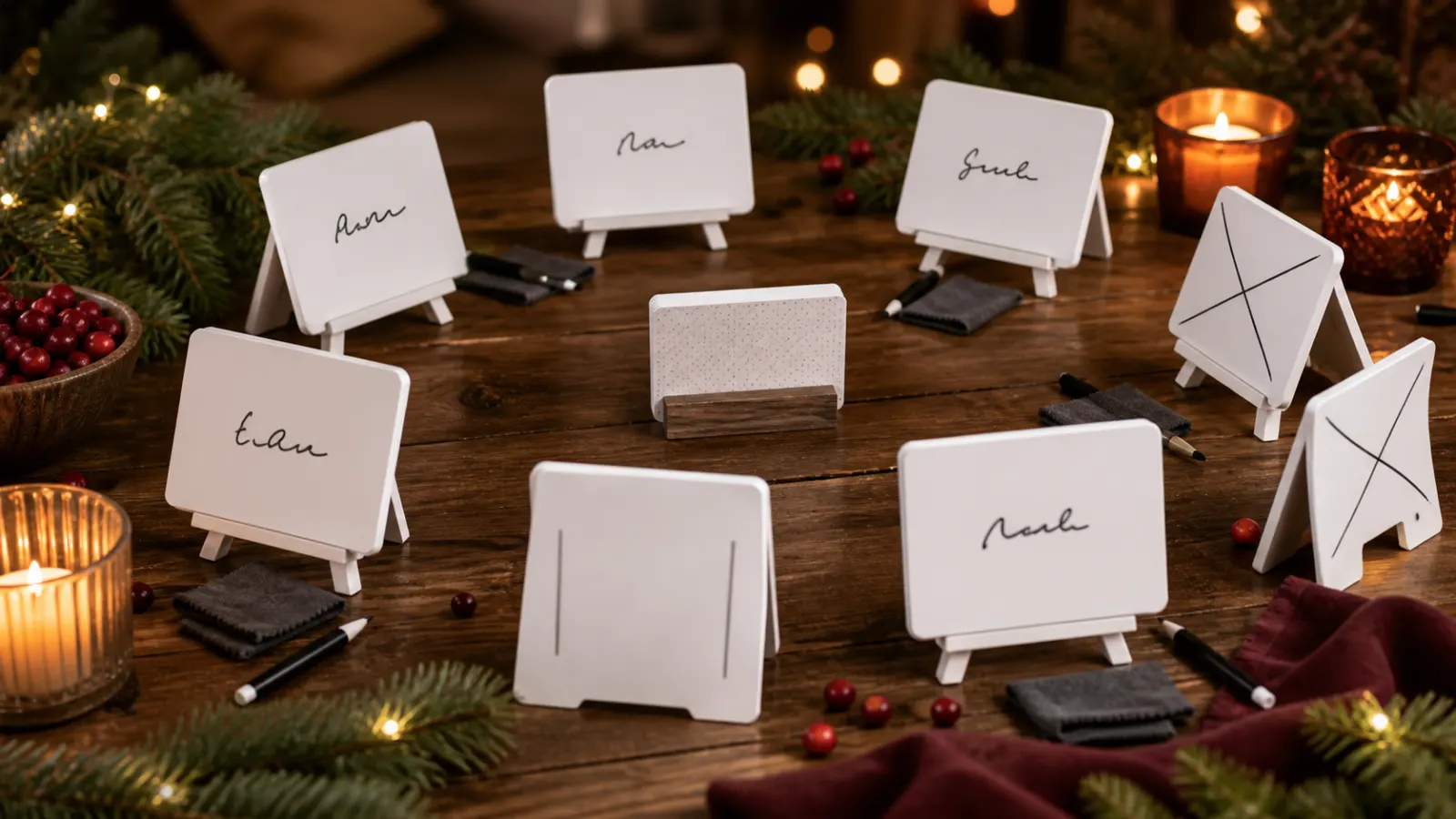 Representative erasable clue easels, pencils and word cards on a festive cooperative game table