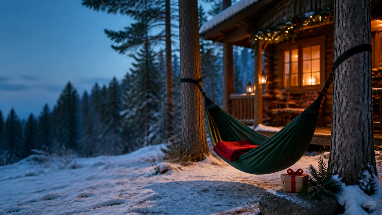 Representative single camping hammock hung low over snow-dusted ground beside a festive winter cabin