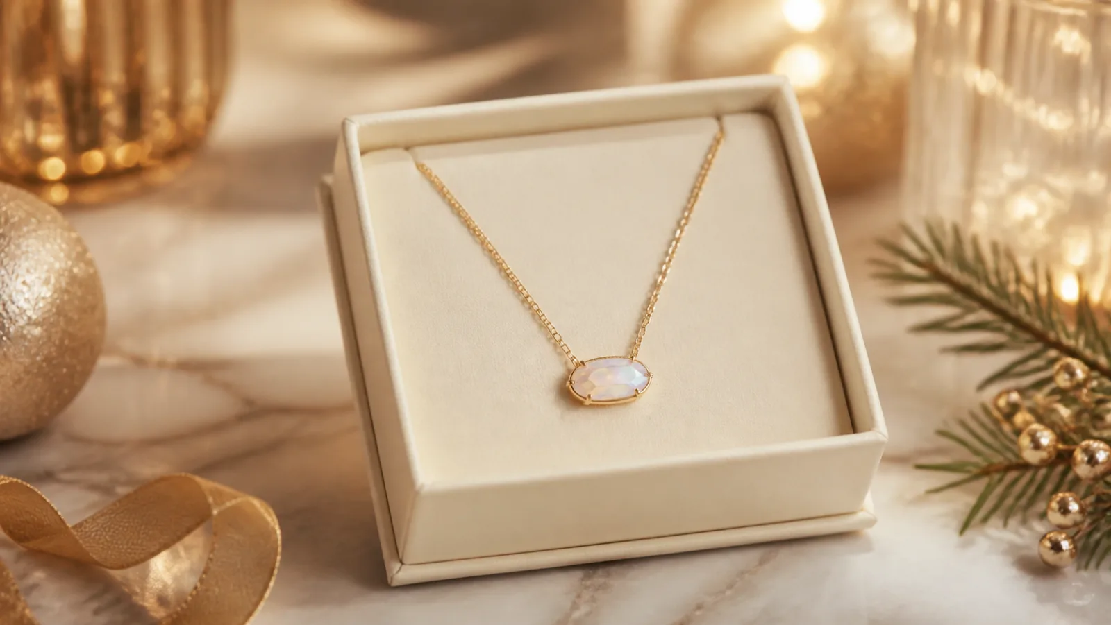 Representative iridescent pendant in a cream holiday jewelry box