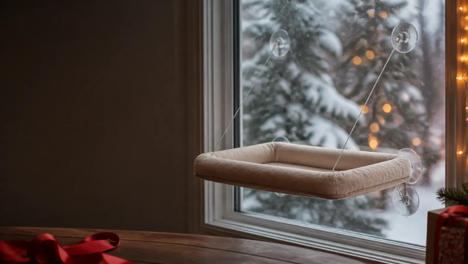 Representative tan cat window hammock attached to a snowy window