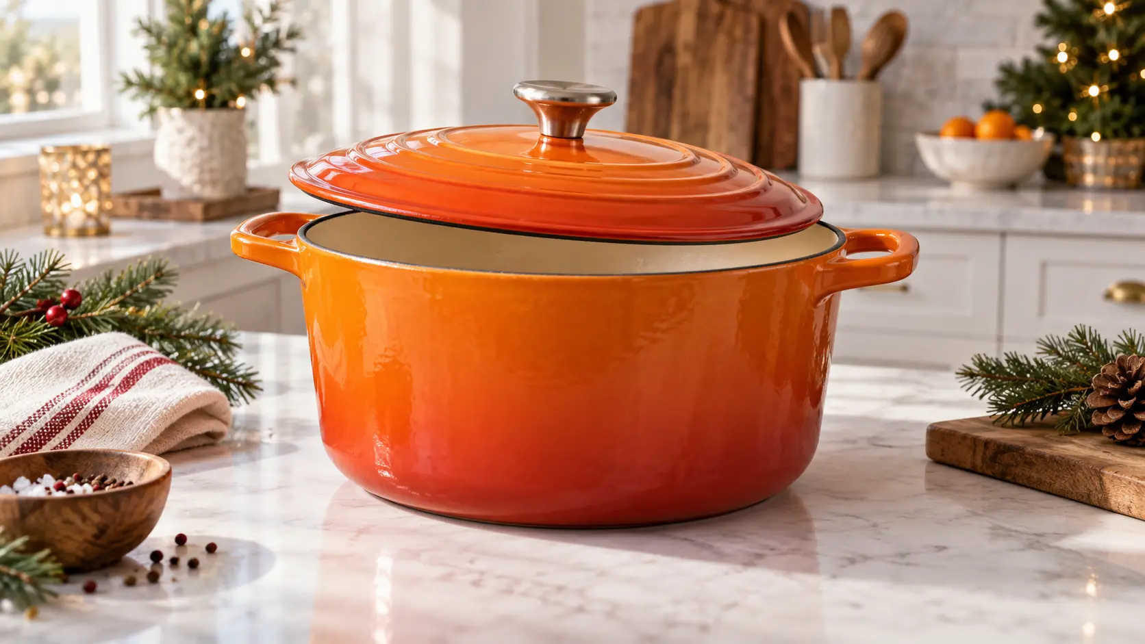 Representative bright enameled Dutch oven on a holiday table surrounded by bread and candles