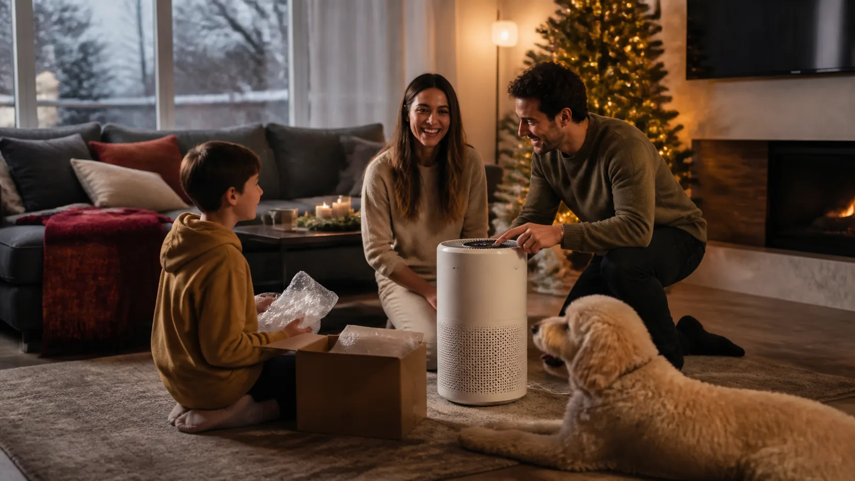 Representative mid-size smart air purifier working in a family living room