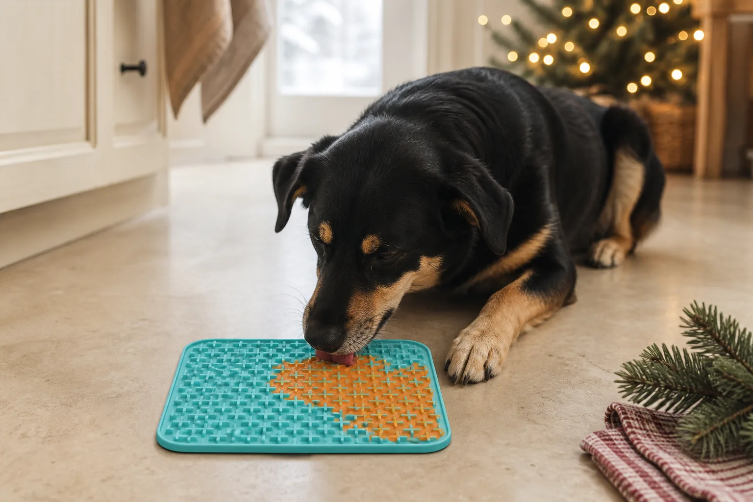 Representative square cross-textured dog feeding mat with a thin layer of soft food on a kitchen floor