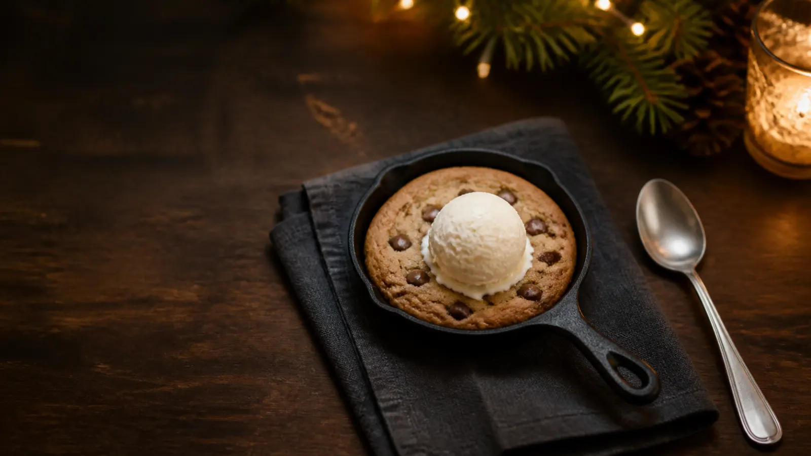 Representative tiny cast iron skillet holding a warm individual chocolate-chip cookie