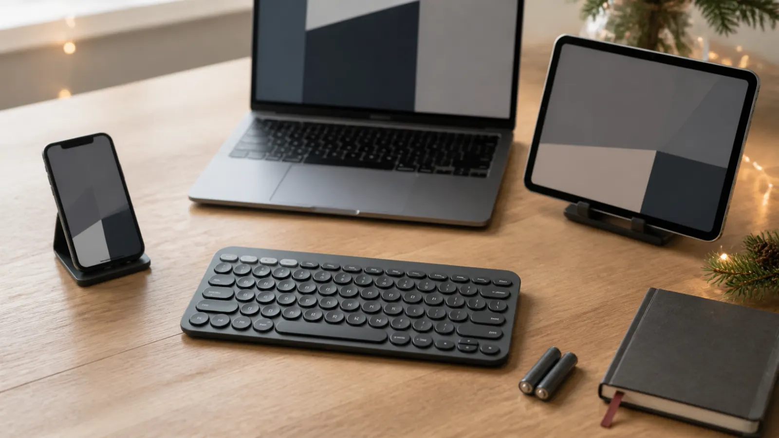Representative slim compact keyboard with round keys switching between a laptop, tablet and phone