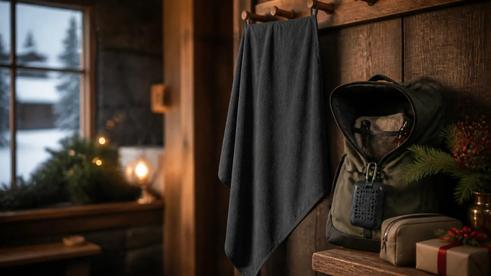 Representative charcoal travel shower towel hanging beside its ventilated silicone case and backpack